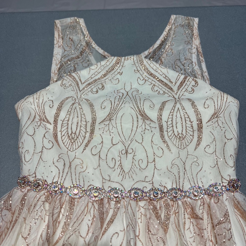Rare Editions Girls 14 Rose Gold Glitter Damask Rhinestone Formal Gown Dress - Picture 5 of 14